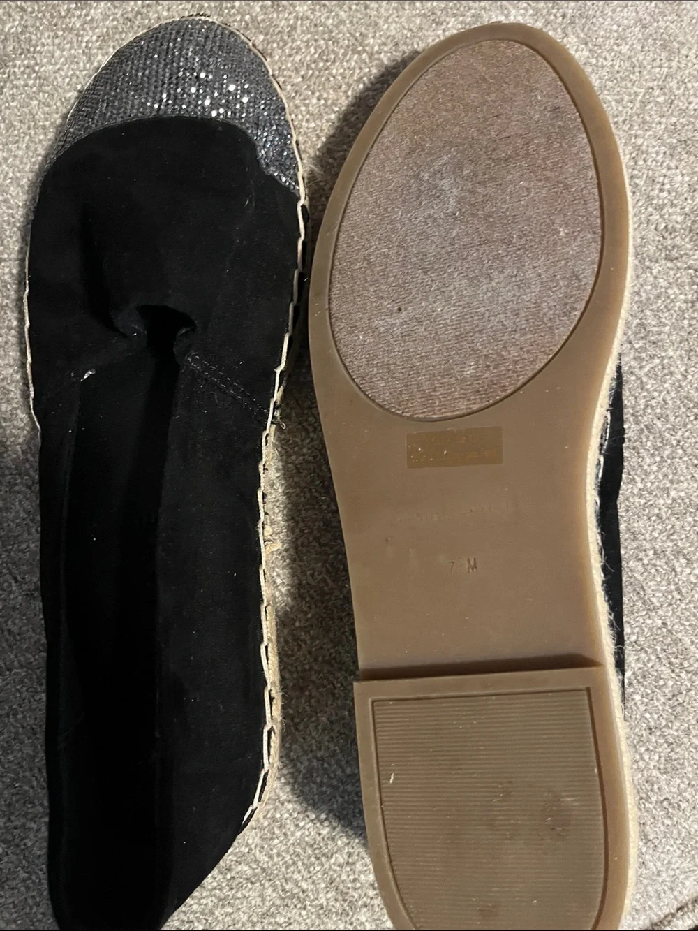 Black Suede Espadrille Flats with Glitter Toe NWOT